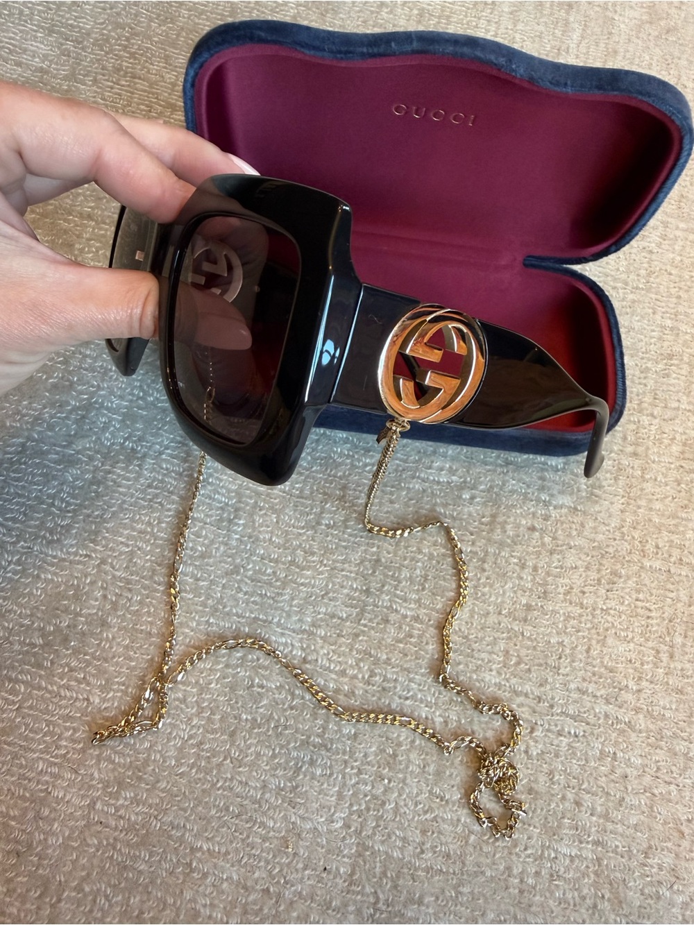 Gucci Black Square Sunglasses with Gold Double G Charm and Chain